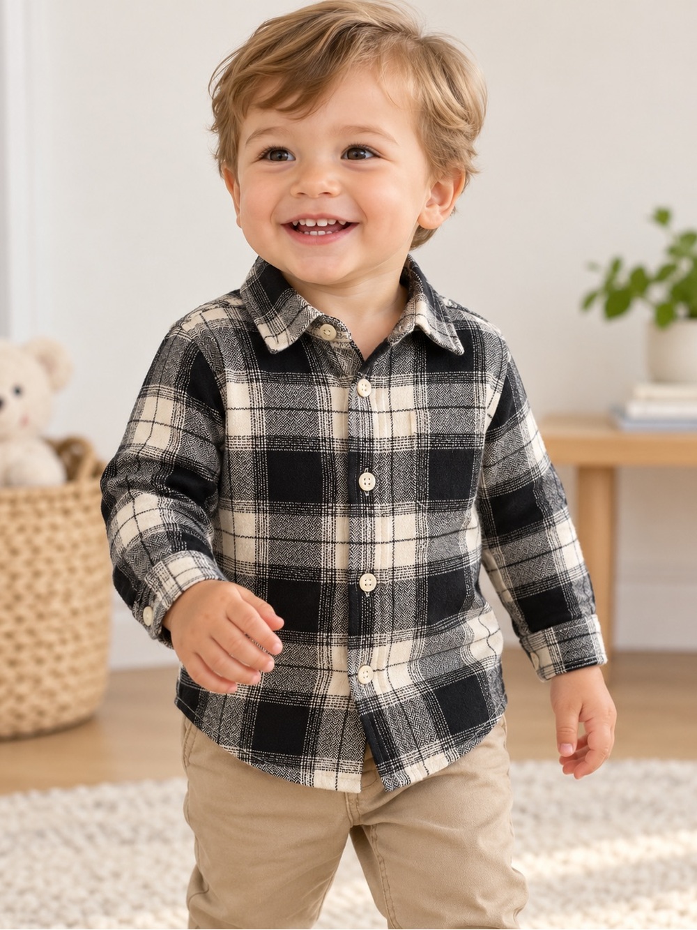 Old Navy Baby Boys Black & White Plaid Flannel Button-Up Shirt 18-24M
